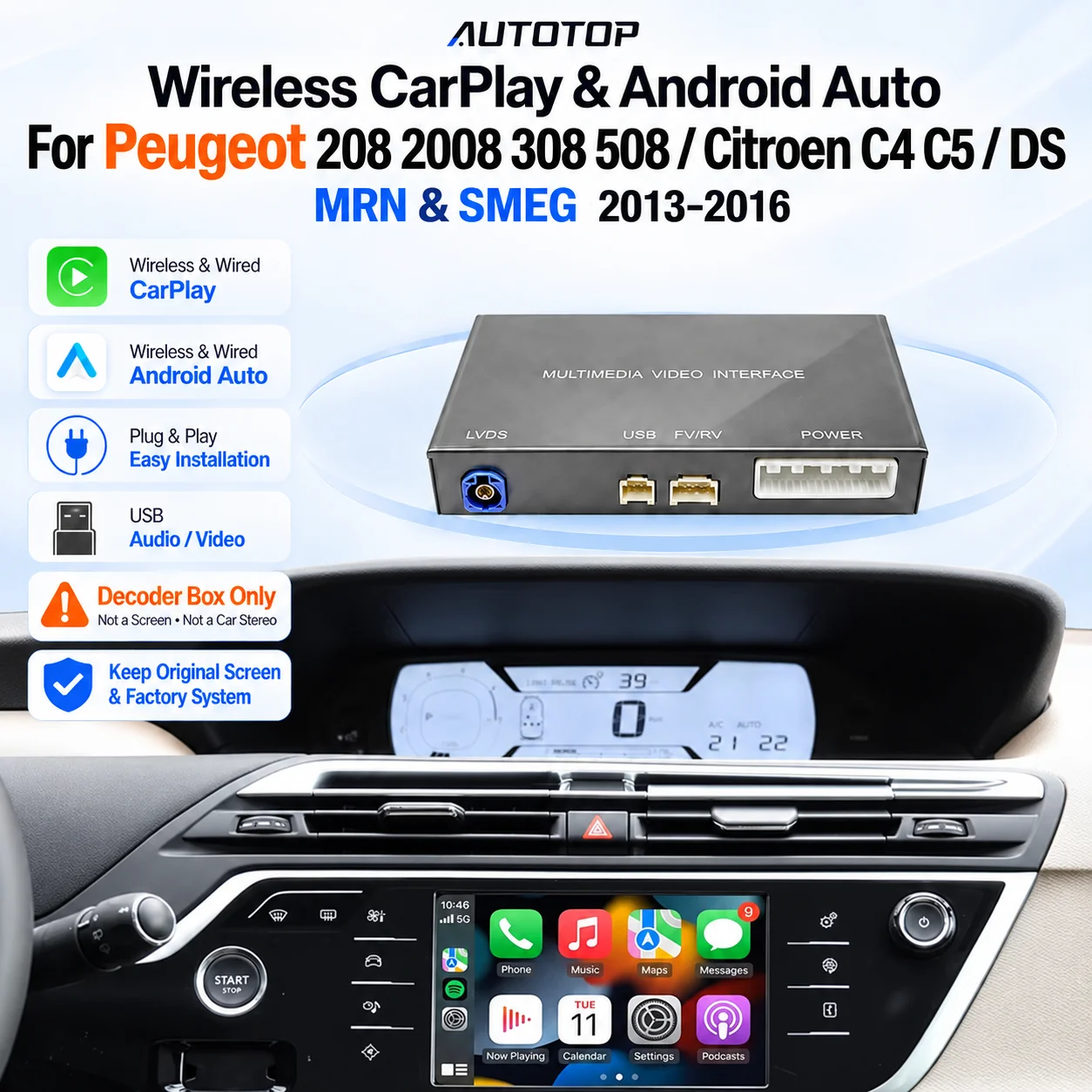 AUTOTOP CarPlay e Android Auto Wireless per Peugeot 208 308 508 3008 Citroen C4 C5 DS3 DS4 DS5 Ford SMEG, Supporta la Funzione di Parcheggio in Retromarcia con Telecamera Posteriore, Mirroring Link,