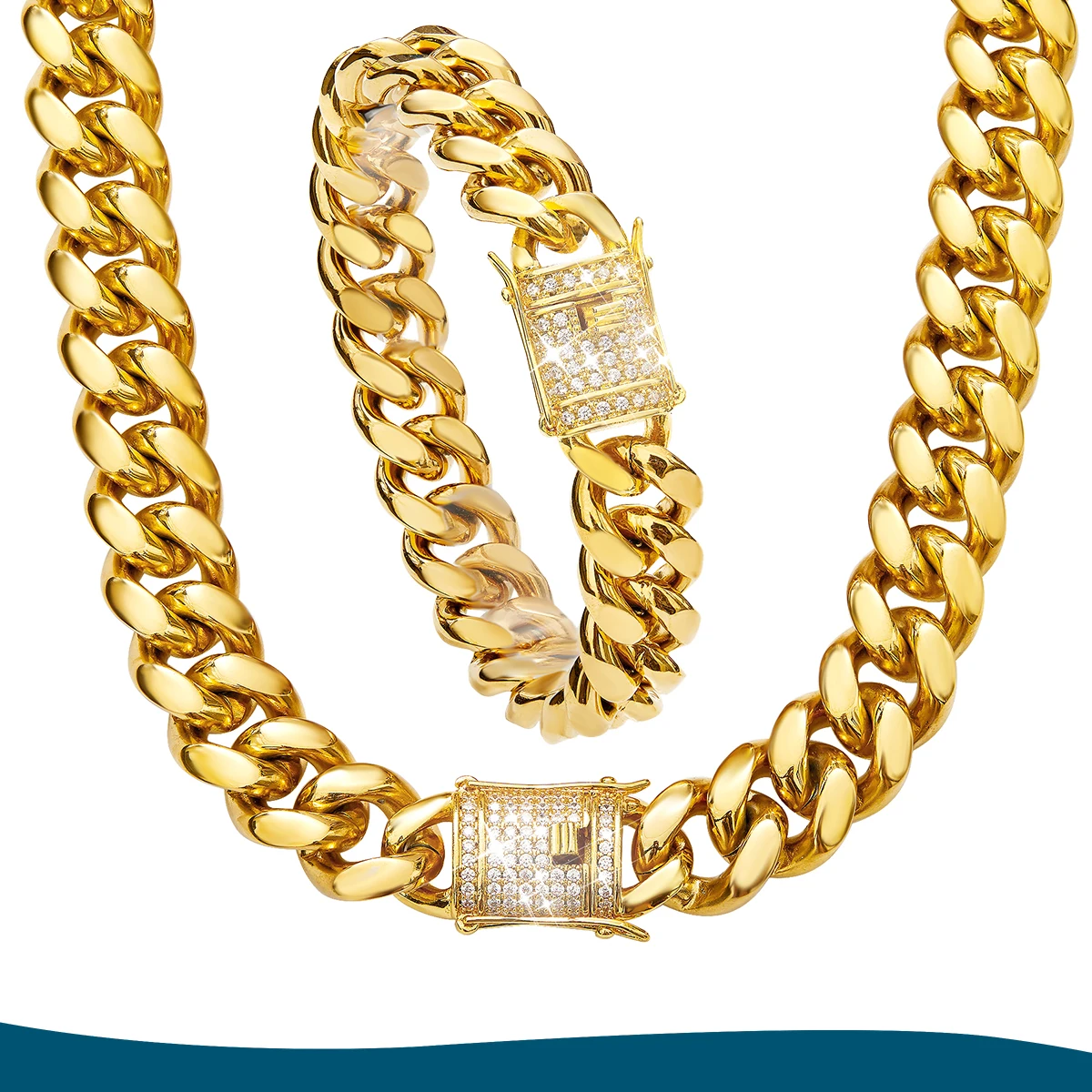 

14mm Gold Plated Stainless Steel Hip-Hop Cuban Link Chain for Men – Necklace or Bracelet with Full CZ Buckle (7.5-30 Inch)