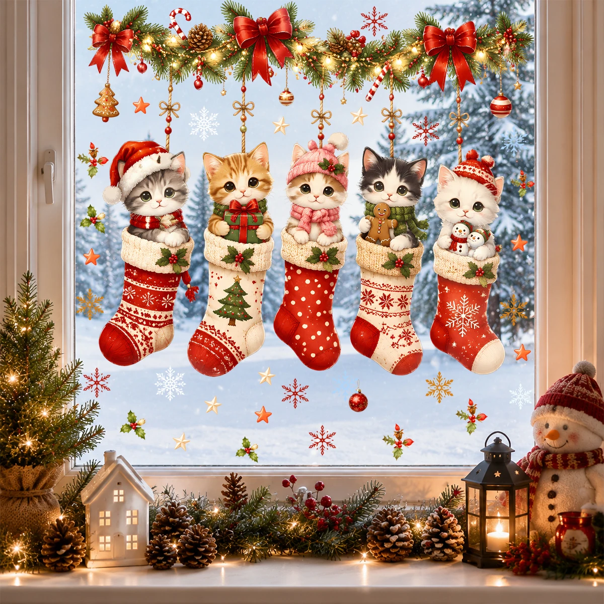 Christmas Window Clings Cute Cats in Stockings Static Cling Decals for Glass Windows Holiday Winter Home Christmas Decorations