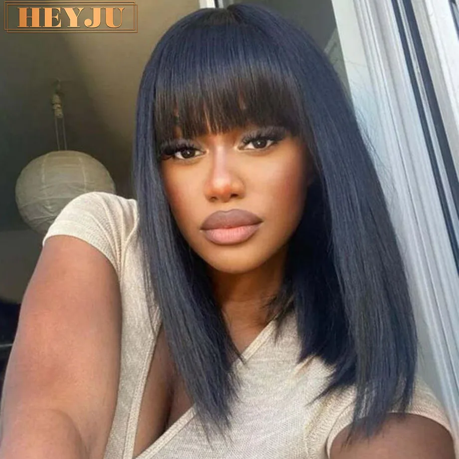 Straight Human Hair Wig With Bangs Short Bob Wig With Bangs Brazilian 3x1 Middle Part Lace Wig For Woman With Bangs Glueless Wig