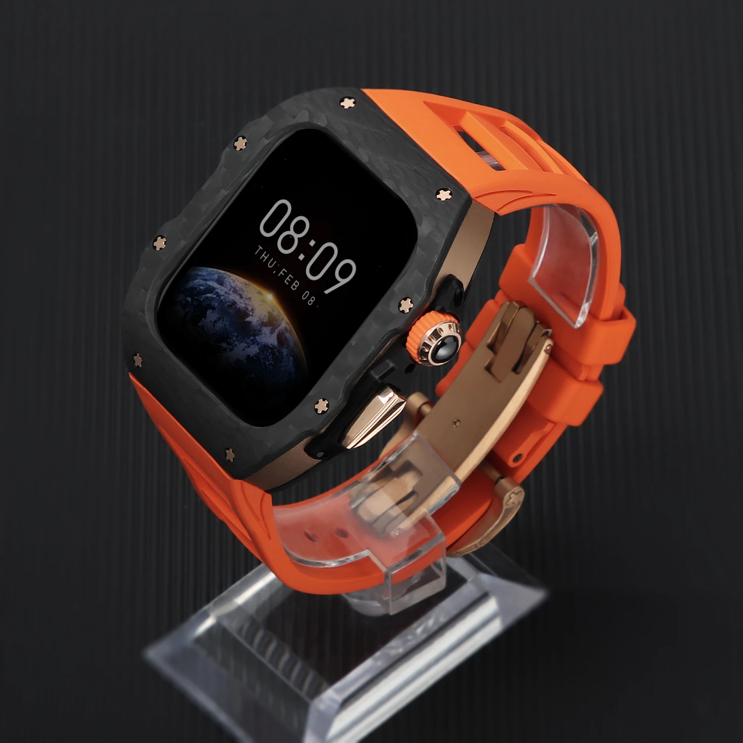 Popular mutiple colors and sizes gold center frame watch cover with carbon fiber fluororubber strap for iWatch S10 cases