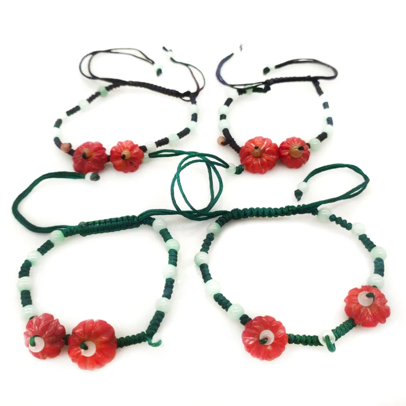 7-8 inches 4x14mm Red Flower Natural Carved Coral and Jade Drawstring Bracelet
