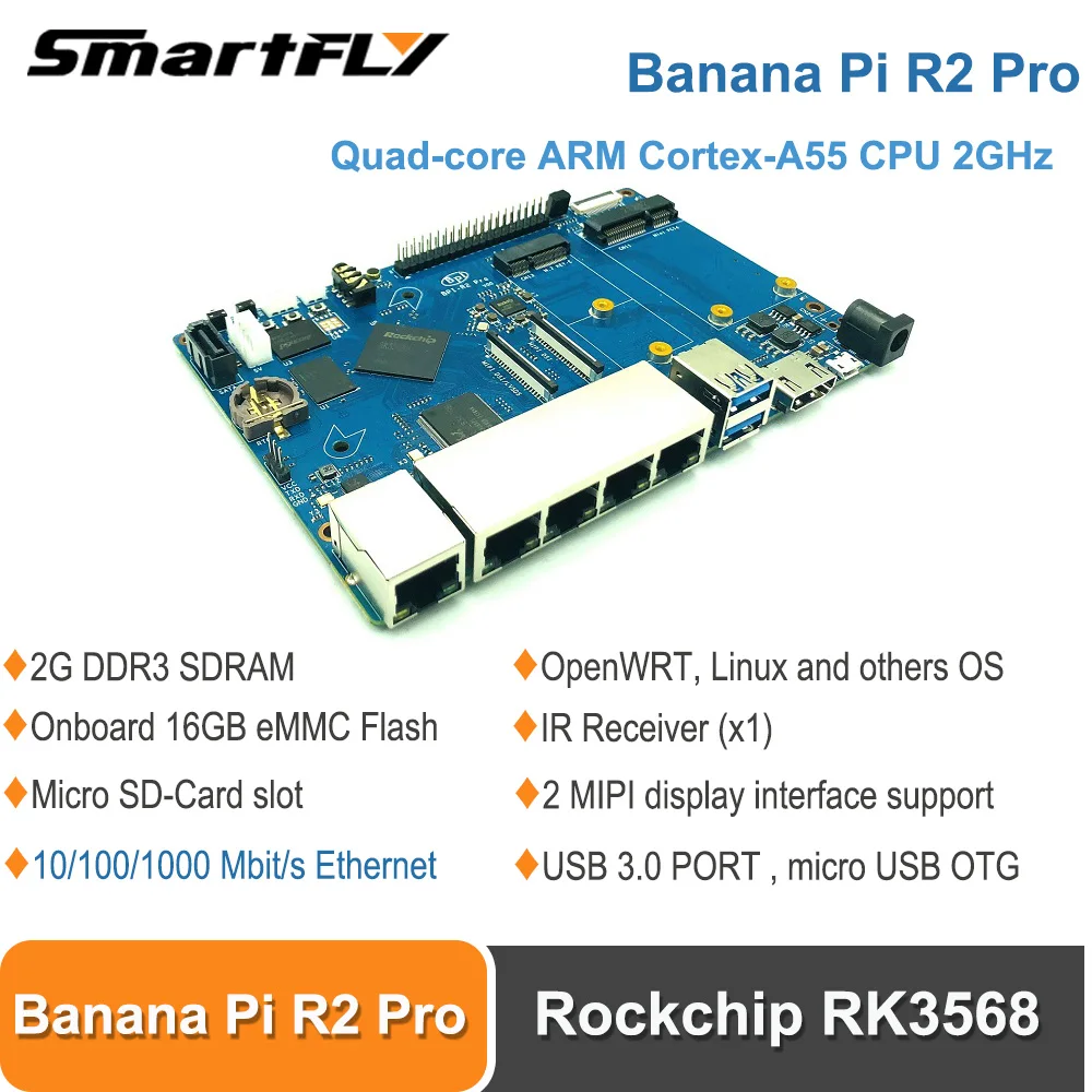 Banana PI BPI R2 Pro Rockchip RK3568 Opensource Router Demo Board Quad-core ARM Cortex-A55 CPU 2GHz Support OpenWRT and Linux