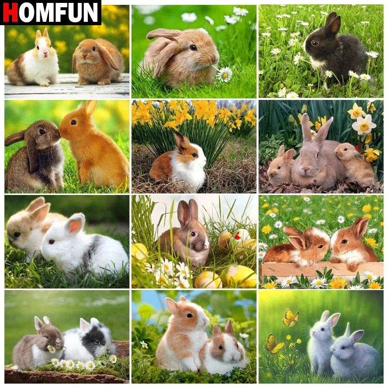 

HOMFUN Diamond Painting Cross Stitch "Animal rabbits" Full Square Round Diy 5d Diamond Embroidery Picture Rhinestone Art