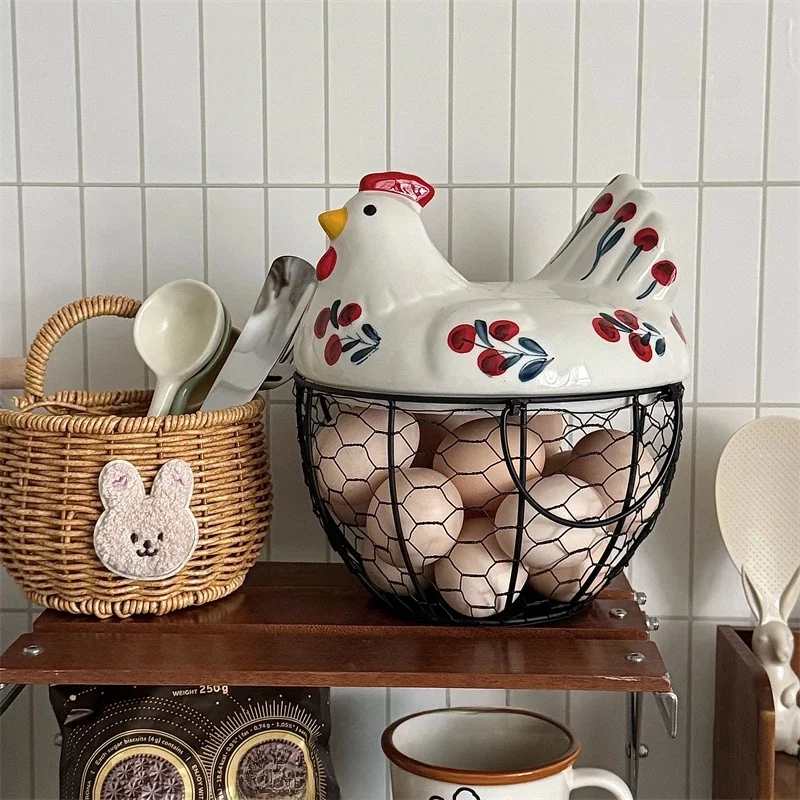 Panier de rangement d'œufs en céramique, Design de poulet, panier en fer pouvant contenir 20-25 œufs, porte-œufs, étui organisateur, conteneur porte-panier à œufs
