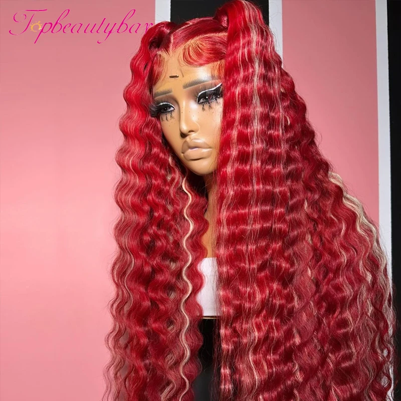 Ombre Red & blonde Wavy Wig 180% Brazilian Remy Lace Frontal Wigs For Women Blonde Highlight 13X4 Lace Front Human Hair Wigs