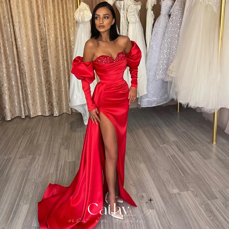 

Red Sequins Chest Design Evening Dress Puffy Sleeve Mermaid Prom Dresses High Quality Silk Satin Fishtail Vestidos De Fiesta