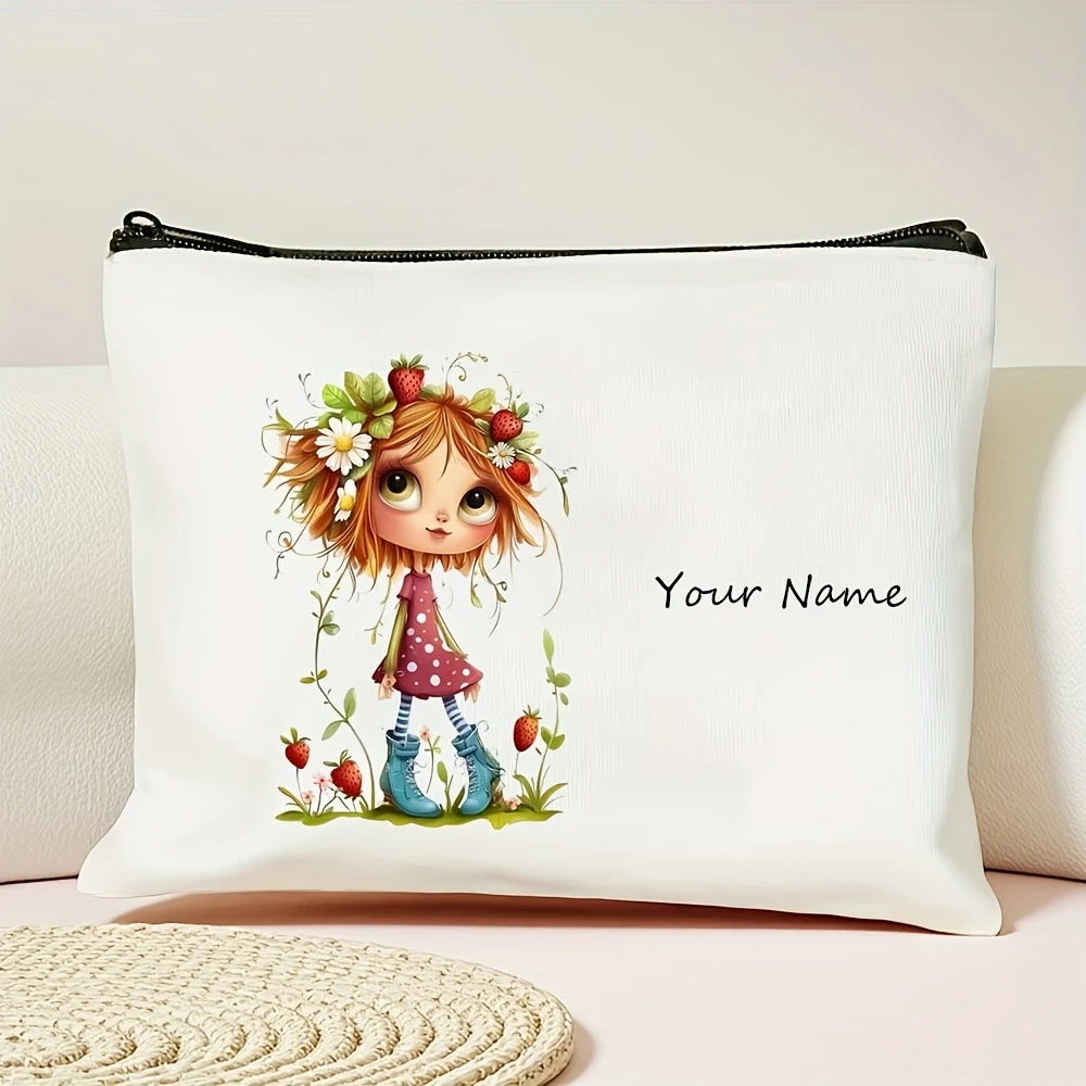 Custom Polyester Makeup Bag with Cute Twin-tailed Strawberry and Butterfly Inspirational Print - White Zippered Cosmetic Pouch