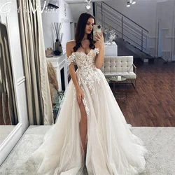Vestido de novia romántico con abertura lateral, vestido de novia con hombros descubiertos, Apliques de encaje, vestido de novia personalizado