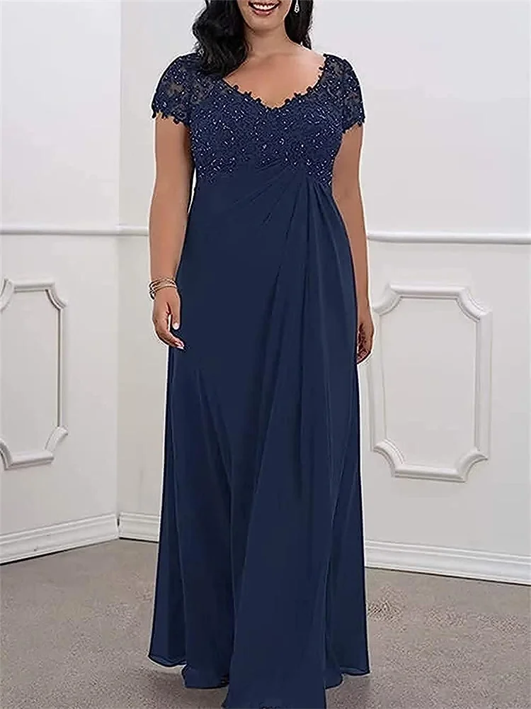 15575# Elegant V Neck Short Sleeves Maxi Mother Of The Bride Dress With Appliques Chiffon Wedding Party Guest Prom Evening Gown