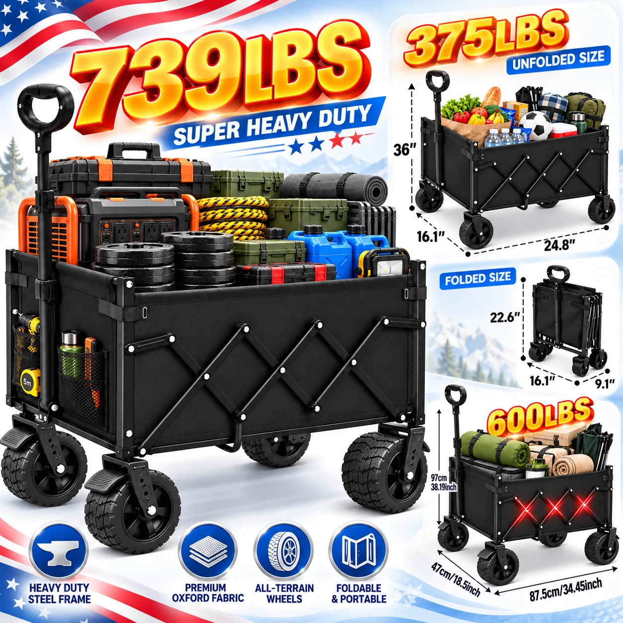 Outdoor Camping Trolley - 739/600/375LBS Heavy Duty Folding Wagon Cart,