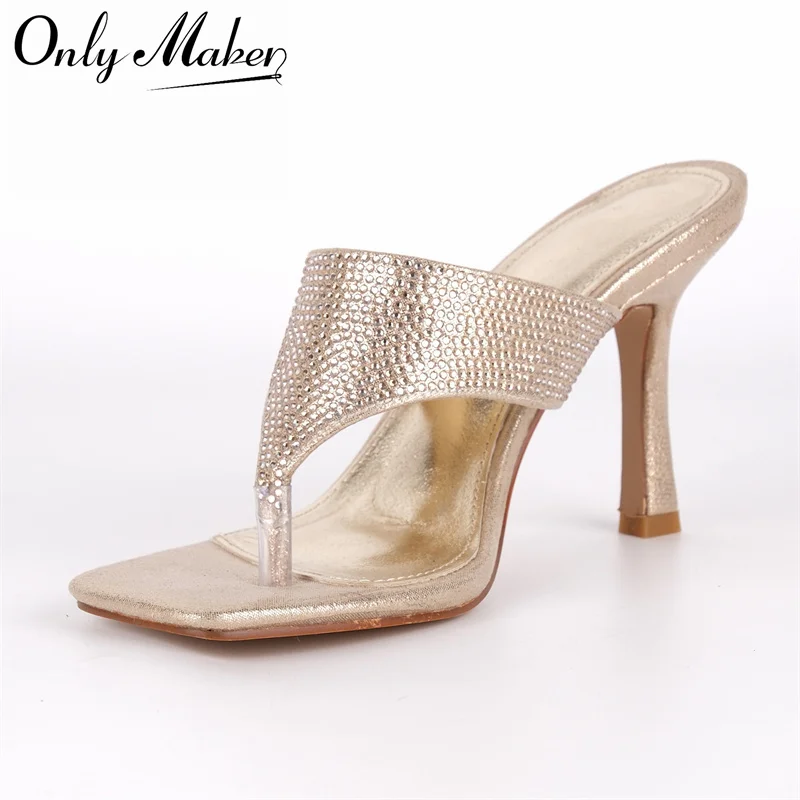 

Onlymaker Women Rhinestones Open Toe Low Heels Thong Square Toe Kitten Heels Slip On Summer Party Heeled Dressy Sandals
