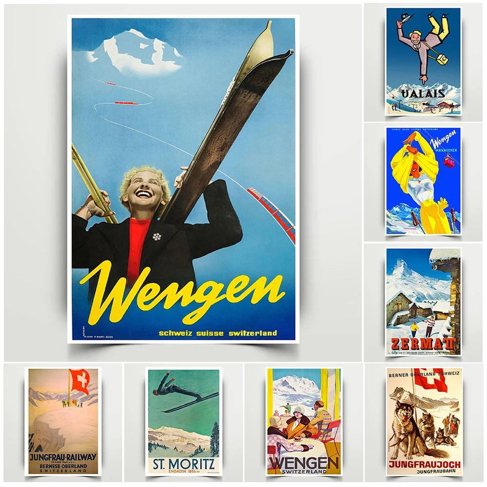 

Vintage Skiing Travel Poster 1930s Jungfraujoch Switzerland Travel Poster Wall Art Print Skiing In St. Moritz Canvas Print Decor