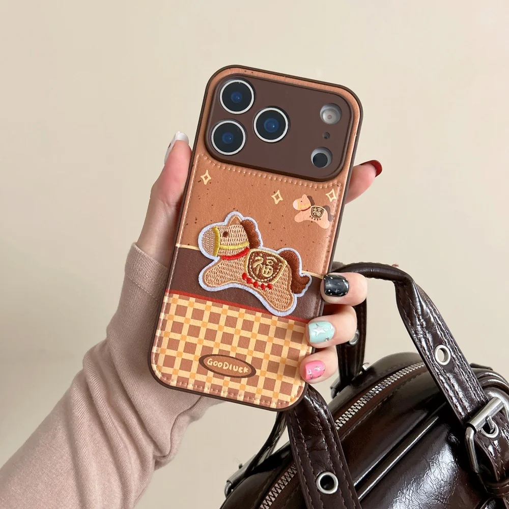 Casing ponsel seri kuda poni berbahan kulit lucu dengan bordir garis-garis, cocok untuk iPhone14/15/16/17 Pro Max, casing pelindung baru