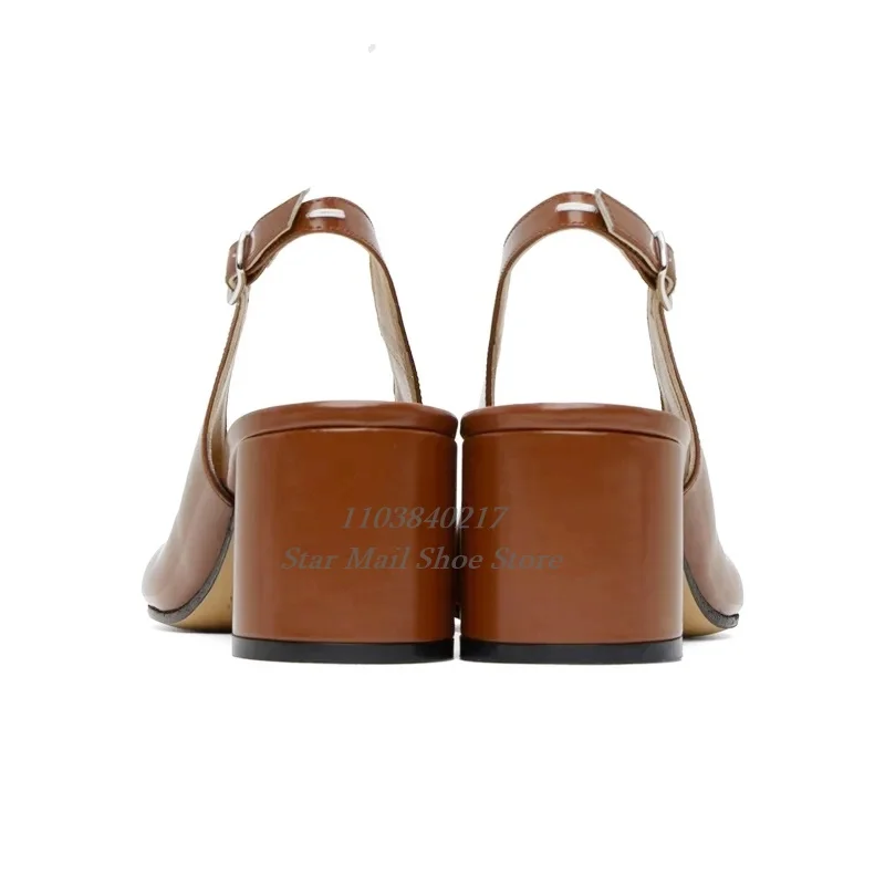 Vintage Round High Heel Sandals Trendy Split Toe Ankle Buckle Ladies Shoes Genuine Leather Women's Brown Split Toe Tabi Shoes