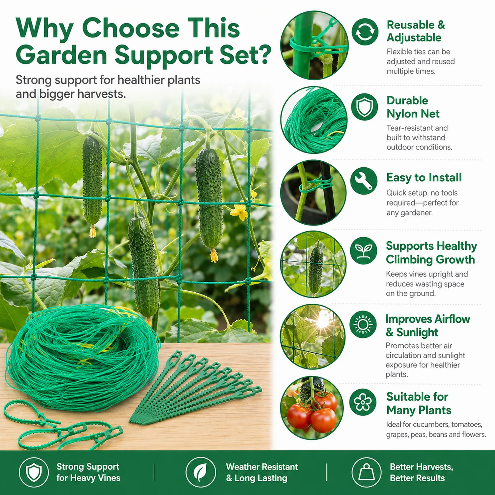 Adjustable Plastic Gardening Tie and 18-Strand Plant Climbing Net Are Reusable For Cucumbers Tomatoes Grapes Garden Accessories