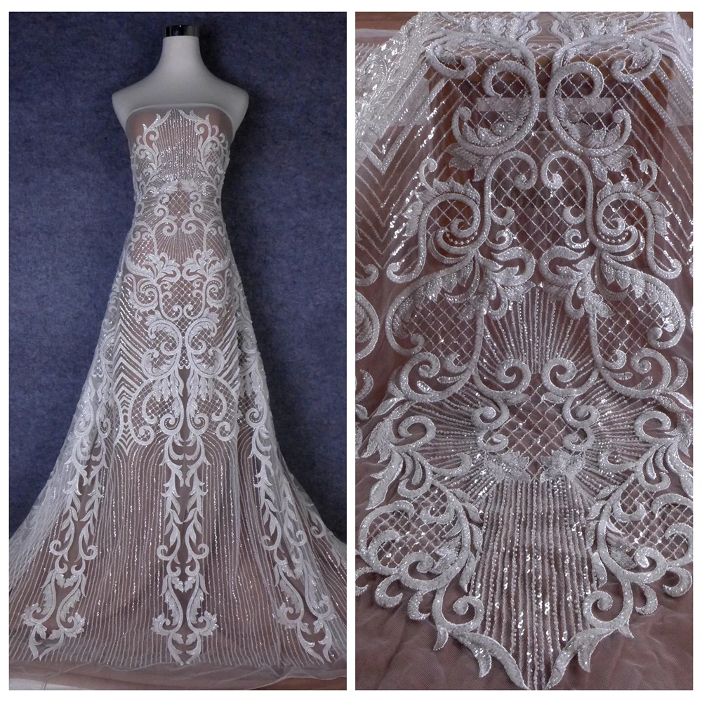 

HelluyerDC Off-White heavy beaded lace fabric,One-sided large patterns lace for,wedding,evening,dance gown dress by the yard