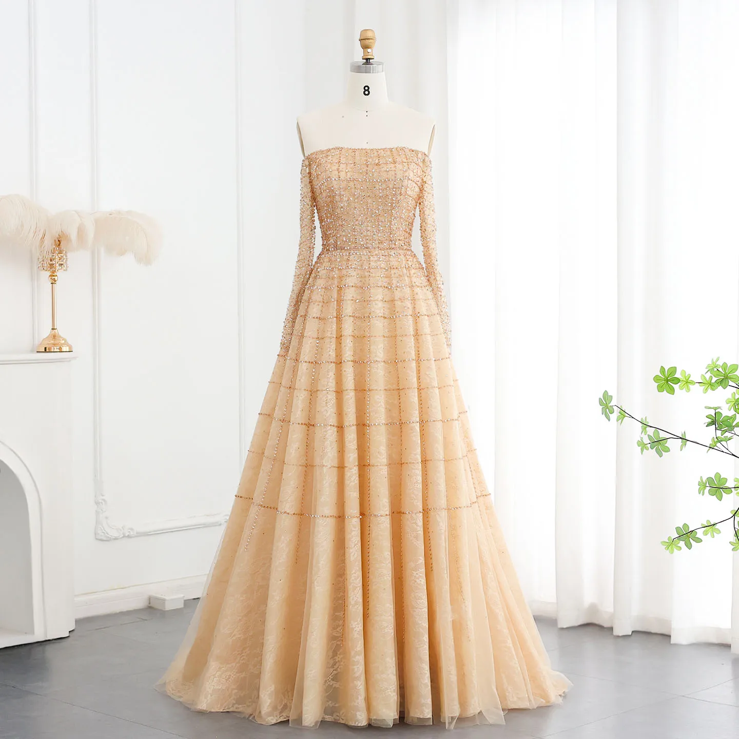 شارون سعيد فساتين سهرة فاخرة باللون البني بدون أكتاف بأكمام طويلة لحفلات الزفاف العربية فستان حفلات SS022 مخصص