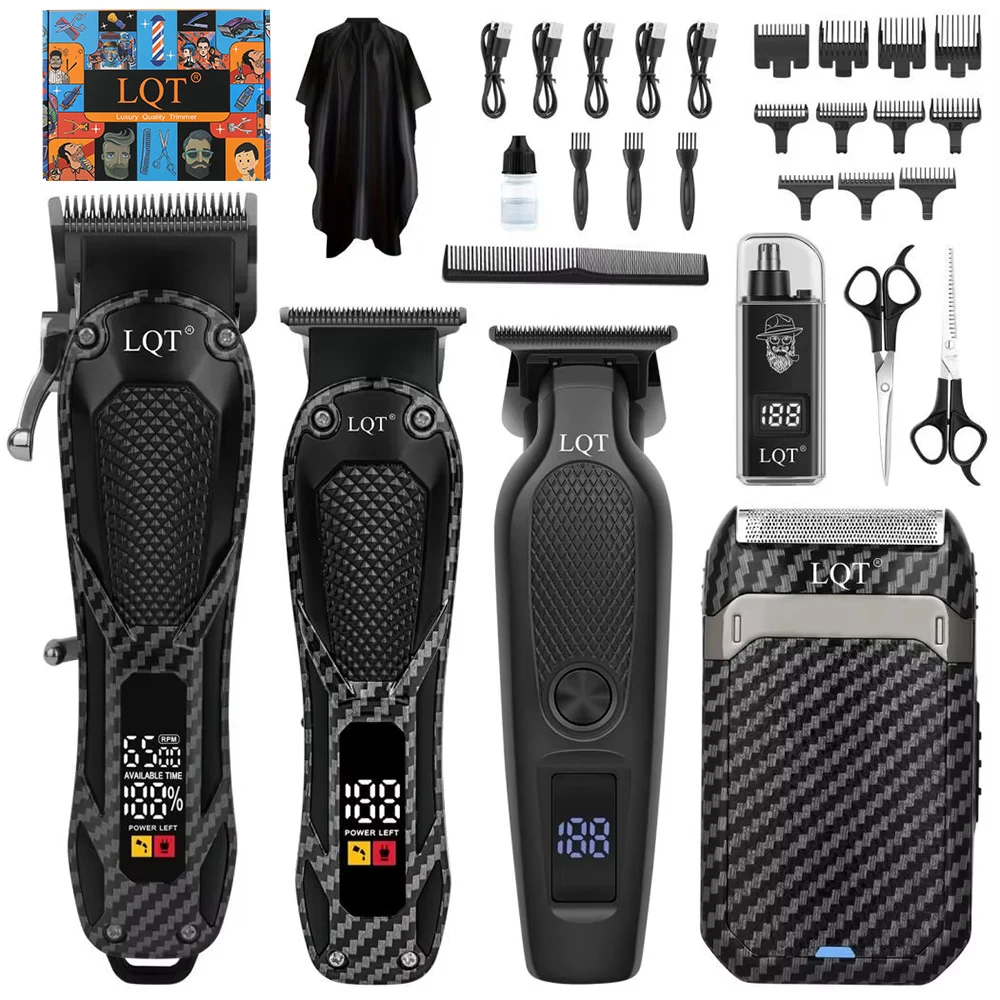 LQT Carbon Fiber Set Professional Barber Trimmer Kit LCD Rechargeable Hair Cutting Machine Complete Salon Grooming Tools