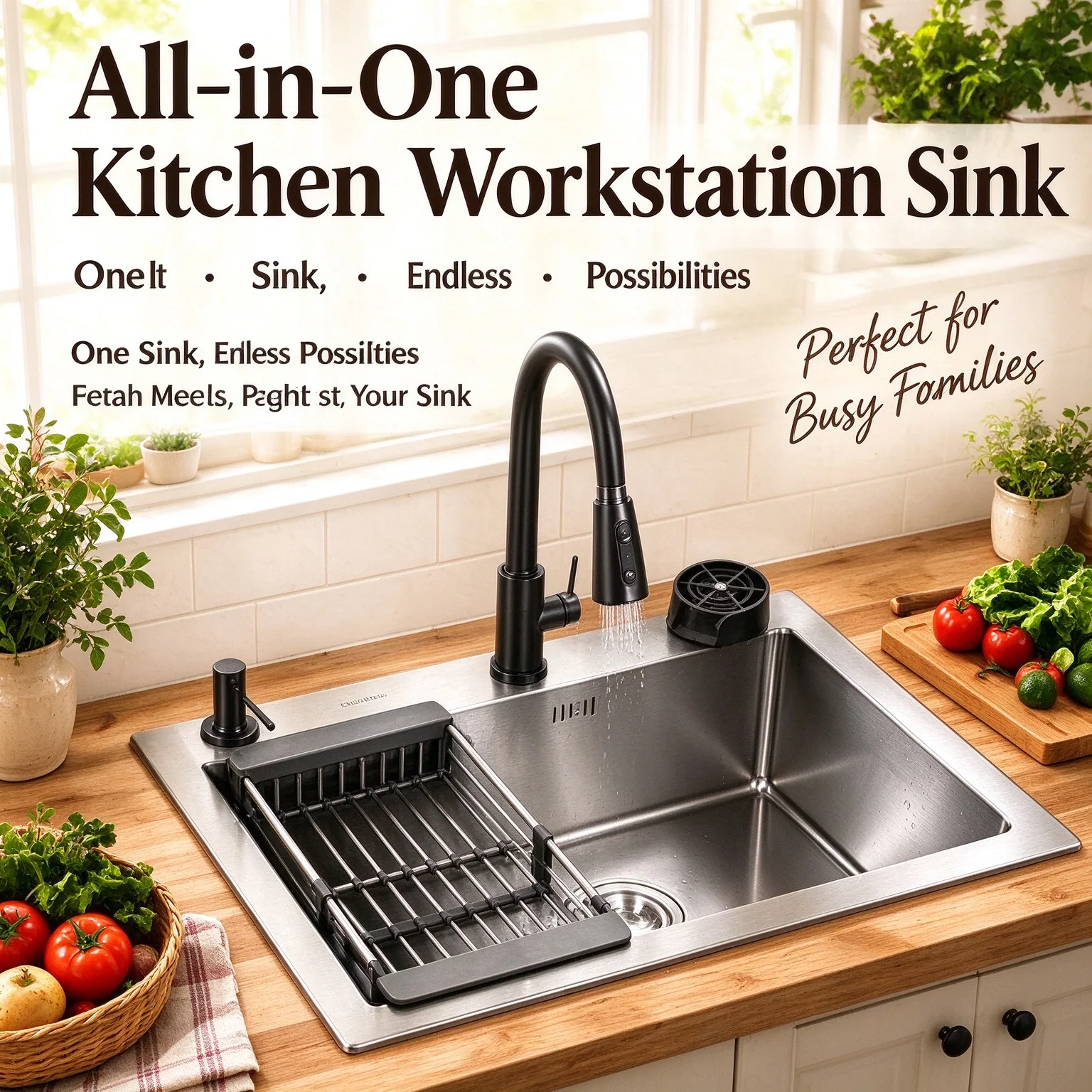 Nano Coating 304 Stainless Steel Kitchen Sink, Single Bowl Workstation Sink with 360° Rotatable Faucet, Cup Washer, Soap Dispenser & Drain Basket