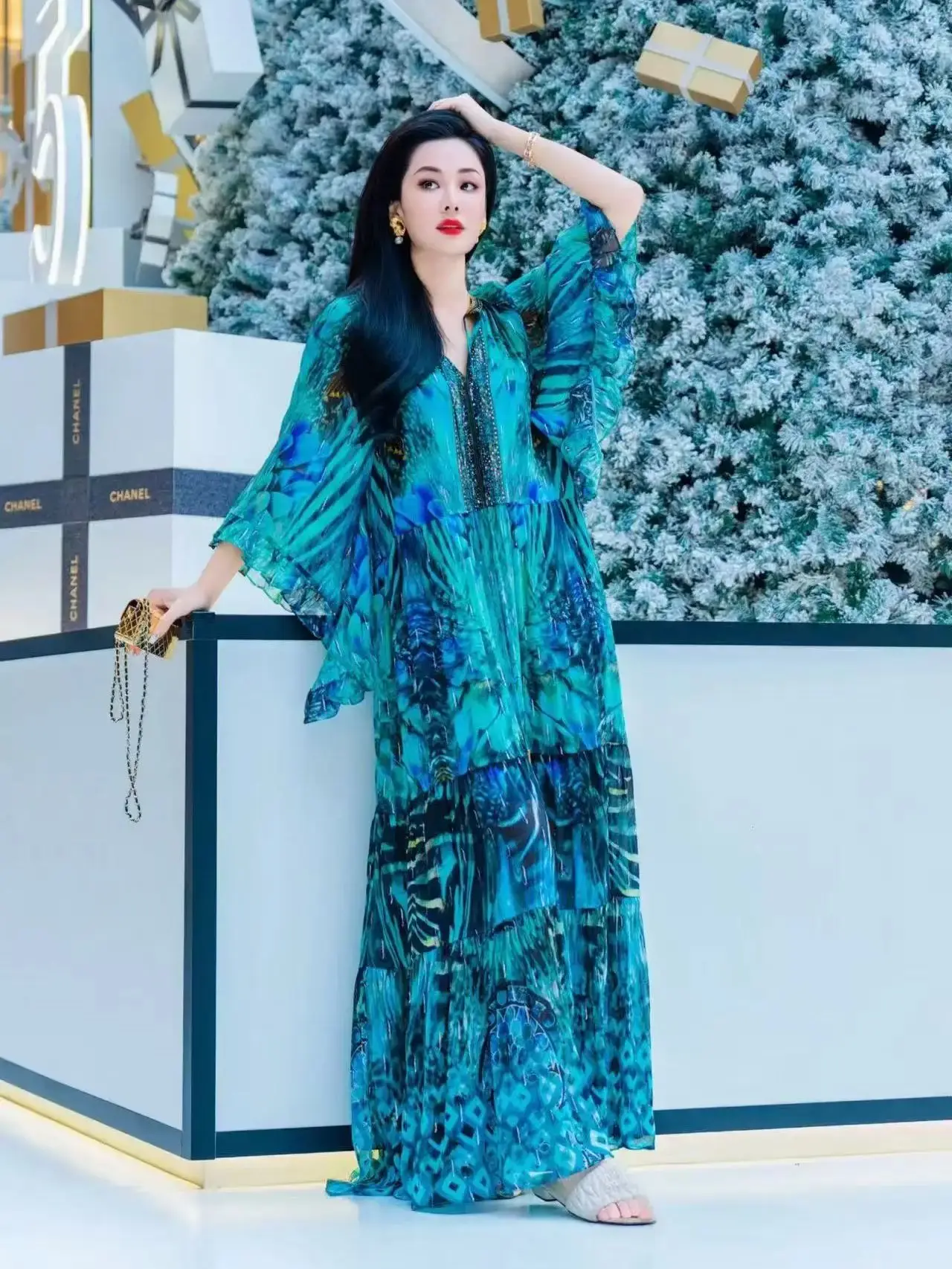 エレガントで豪華なボヘミアン風サマーロング100％シルクドレス