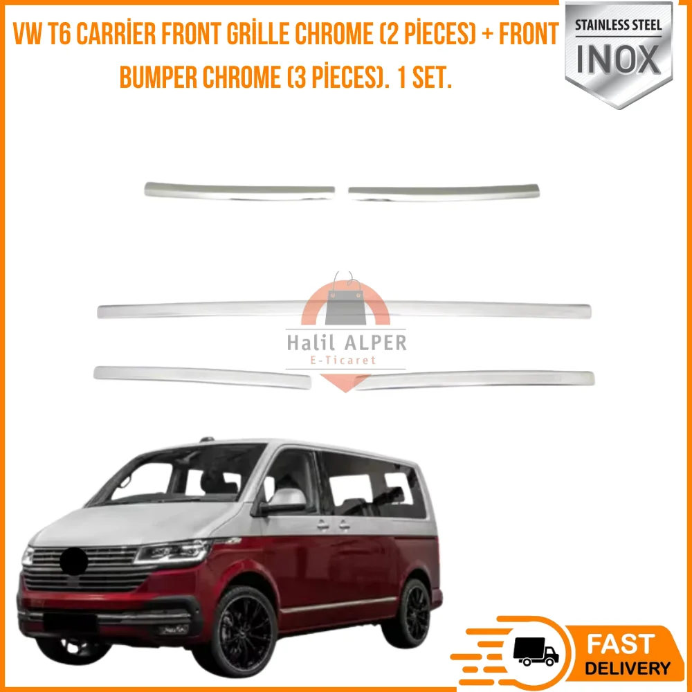 For Volkswagen VW T6 carrier front grille Chrome (2 pieces) + front bumper chrome (3 pieces). 1 set. Stainless steel.