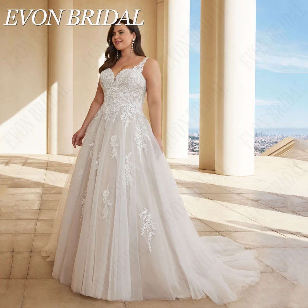 EVON BRIDAL Boho Ärmellos Brautkleid Plus Größe V-Ausschnitt Applikation A-Linie Tüll mit KnopEvon Braut Boho ärmelloses Brautkleid plus Größe V-Ausschnitt Applikation A-Linie Tüll mit Knopf Sweep Zug 2024 Brautkleider