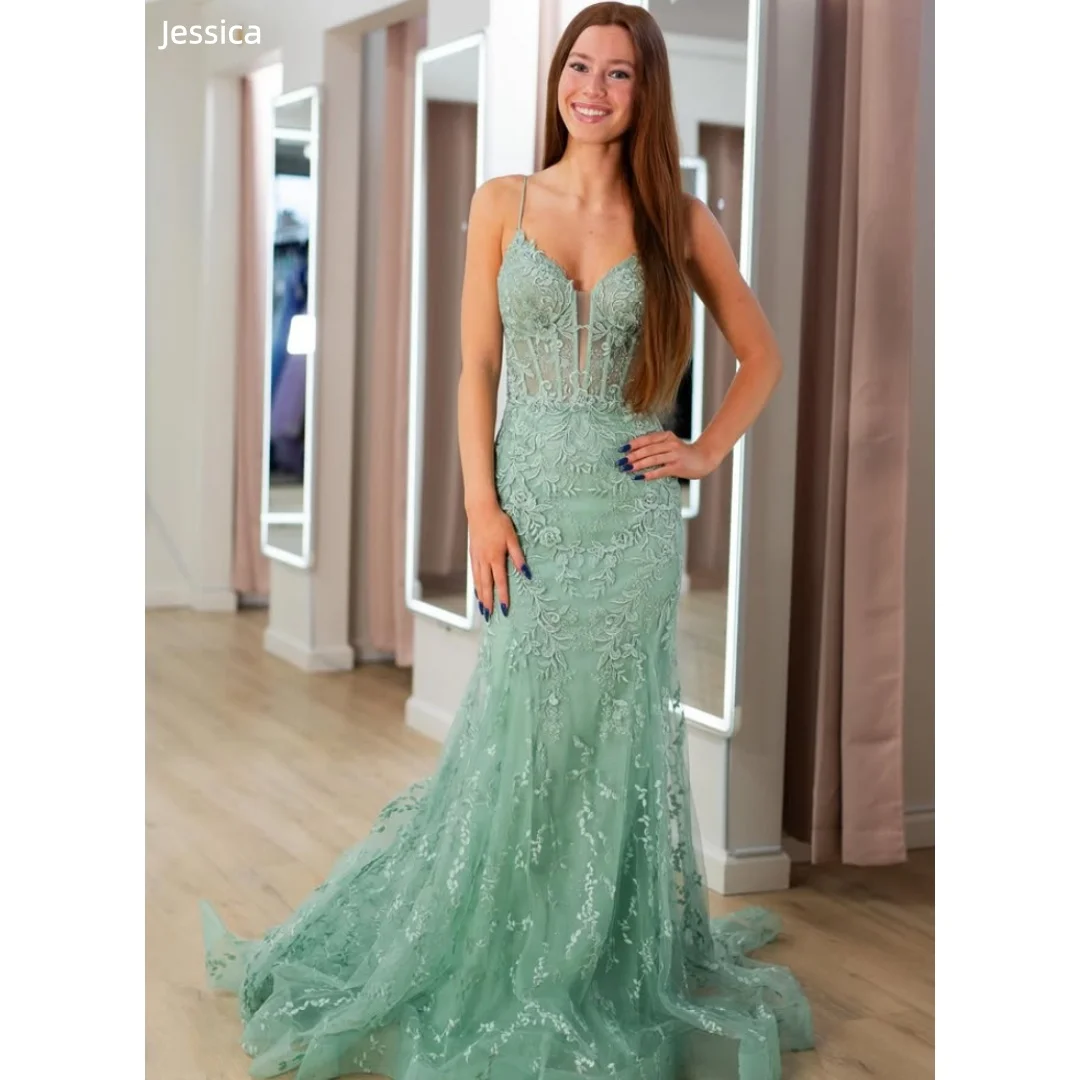 

Вечерние платья Jessica светло-зеленого цвета на тонких бретелях, облегающие, с вышивкой, для выпускного вечера, из тюля, в стиле принцессы, для вечеринок