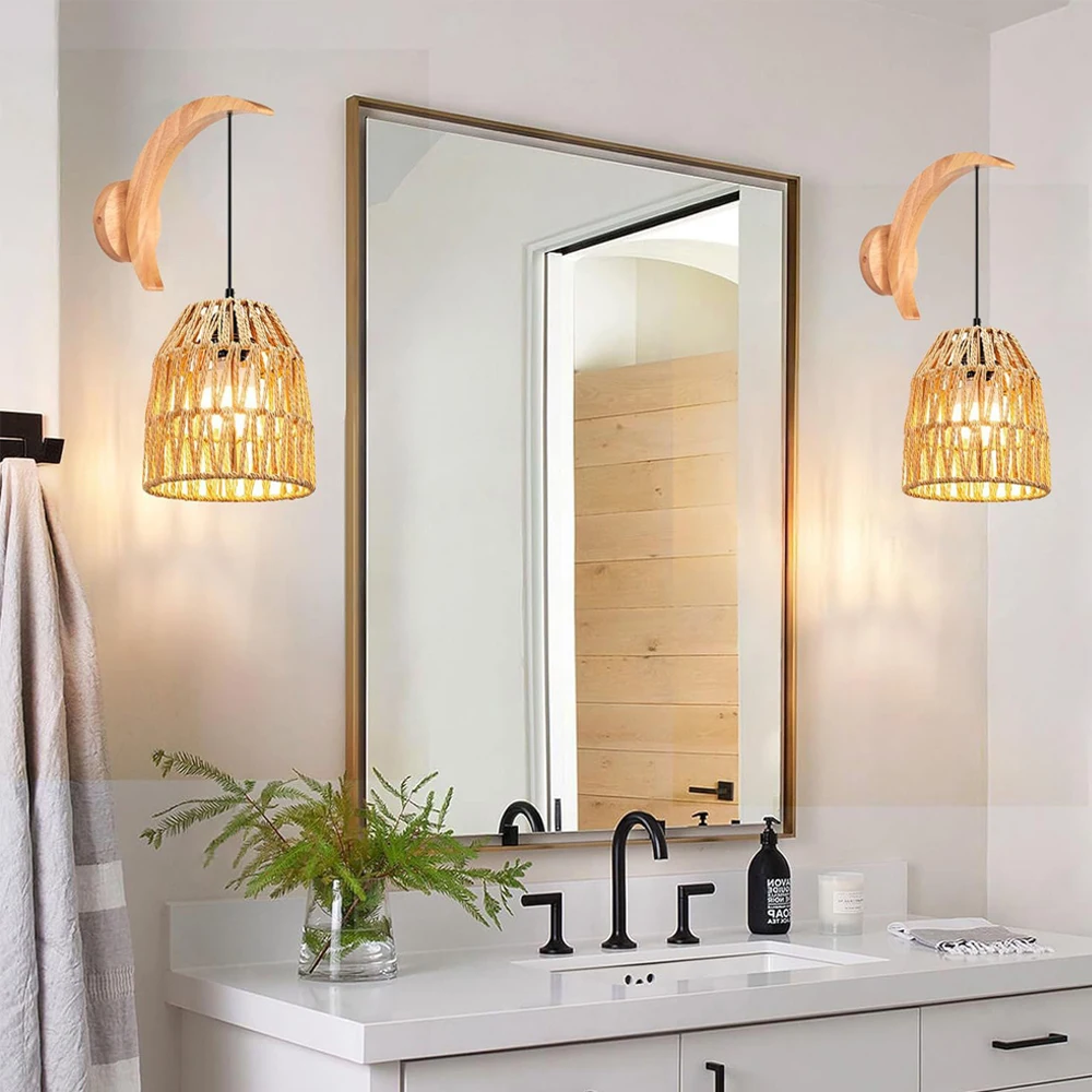 

Винтажный настенный светильник из ротанга E27, корзина из ротанга в стиле бохо, абажур из пеньковой веревки, тканый настенный светильник для гостиной, спальни, кухни, освещение