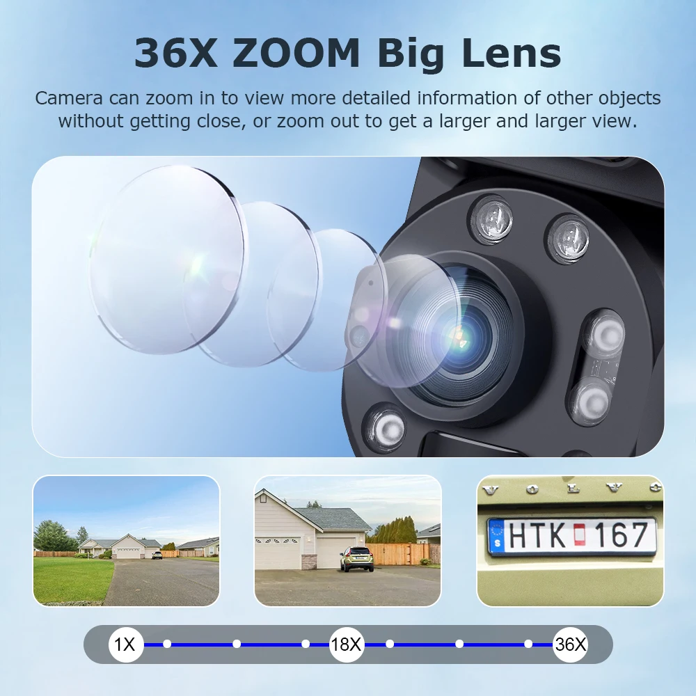 SHIWOJIA 36X Zoom 6MP 4G SIM Solar Camera Outdoor 360° Wireless WiFi Security Camera 20W Solar Panel 20000 mah Battery PIR Black