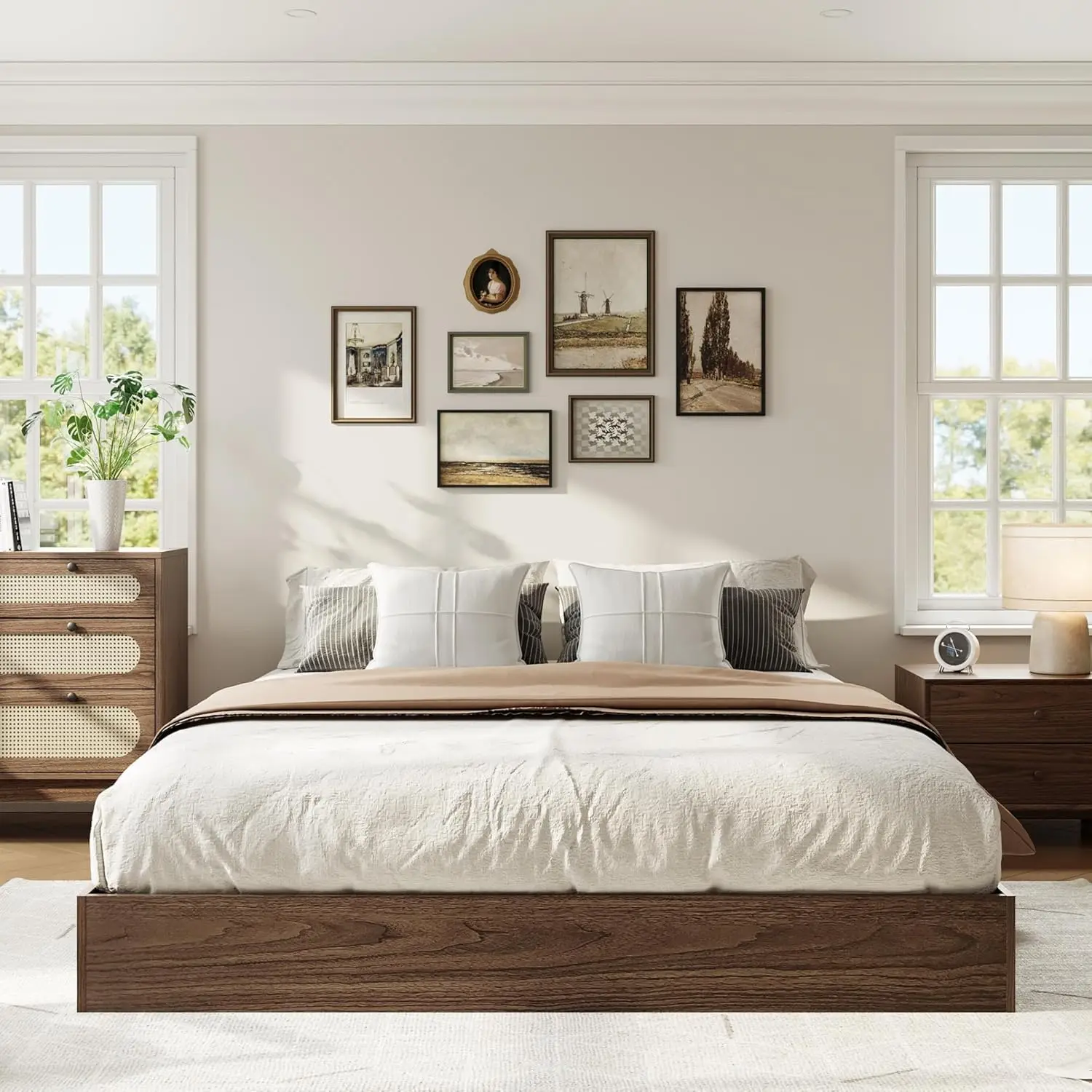 Queen Bed Frame, Wooden Platform Bed with Sturdy Slats, Modern Minimalist Design, No Box Spring Needed, Noise-Free Design, Easy Assembly, Walnut Wood