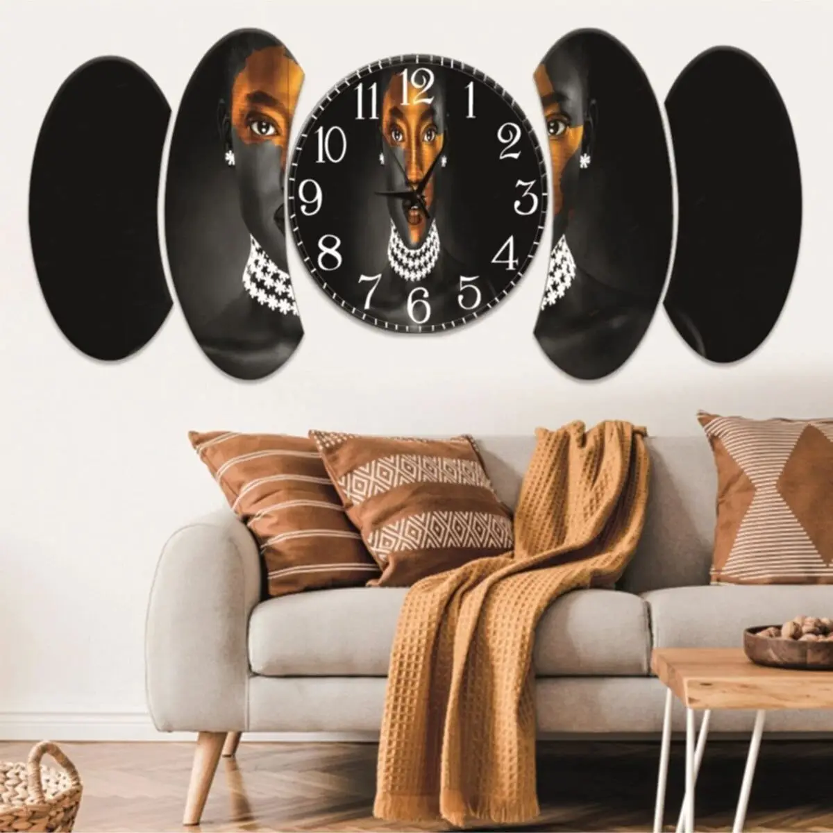 5 Parça African Women Tasarım Saatli Mdf Table Big size Luxury Wall Clock Large Size Table European Model Handmade table And Clock