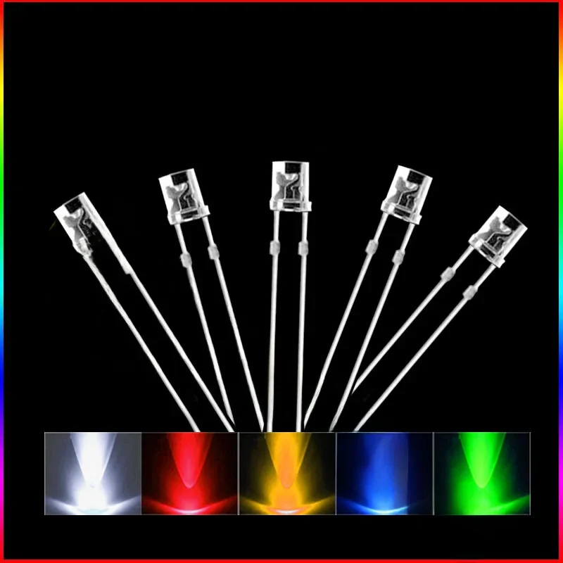 20szt x 5 kolorów = 100szt 3mm 2piny Płaski top Biały Czerwony Żółty Niebieski Zielony Szerokokątna dioda elektroluminescencyjna LED — zdjęcie 2