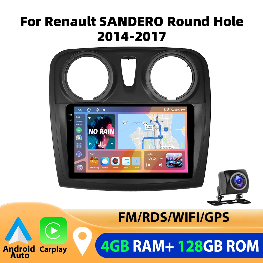 Podofo 4GB+64GB Car Radio Wireless Carplay Android Auto Multimedia Video Player 9 Inch For Renault SANDERO Round Hole 2014-2017 image 3