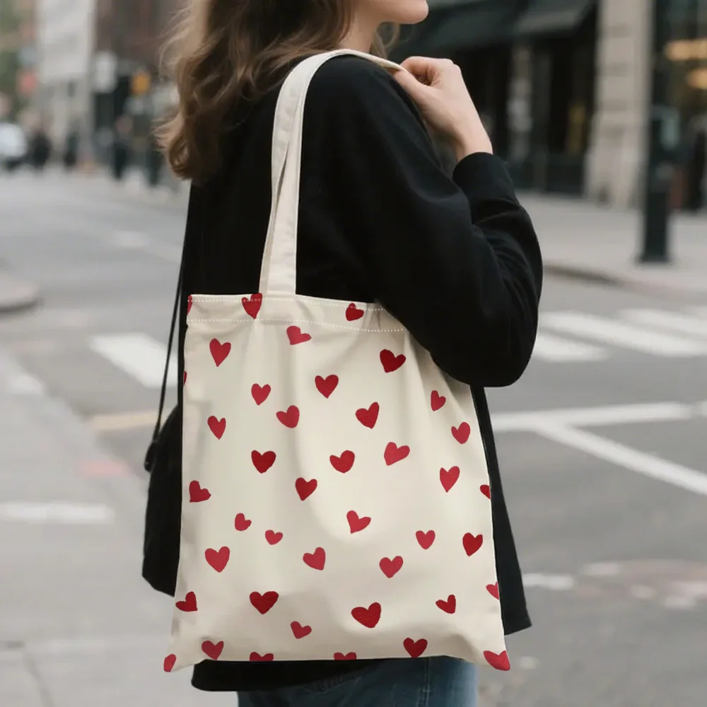 1 Piece of Romantic Pink Heart-Shaped Canvas Shoulder Bag, Lightweight Foldable Storage Tote Bag with Fixed Shoulder Strap, Reusable Shopping Bag, Perfect Gift for Commuting, Travel, Shopping, School, and Holidays