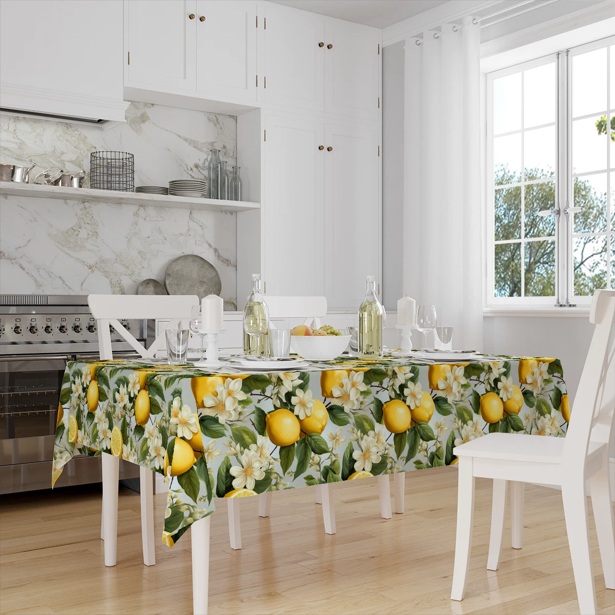 Yellow Lemons Green Leaves Design Printed Rectangular Table Cloth Table Cover for Wedding Party Dinning Table Decor