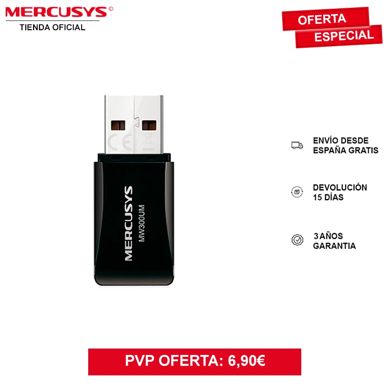 MERCUSYS MW300UM USB WiFi adapter for PC, wireless speed 2.4GHz (400Mbps), hotspot, internal antenna, MIMO technology