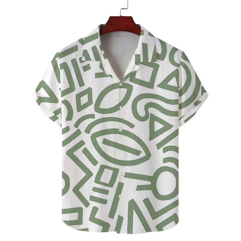 Men's summer Cuban collar short-sleeved shirt with special symbol line print men's shirt comfortable, breathable and versatile