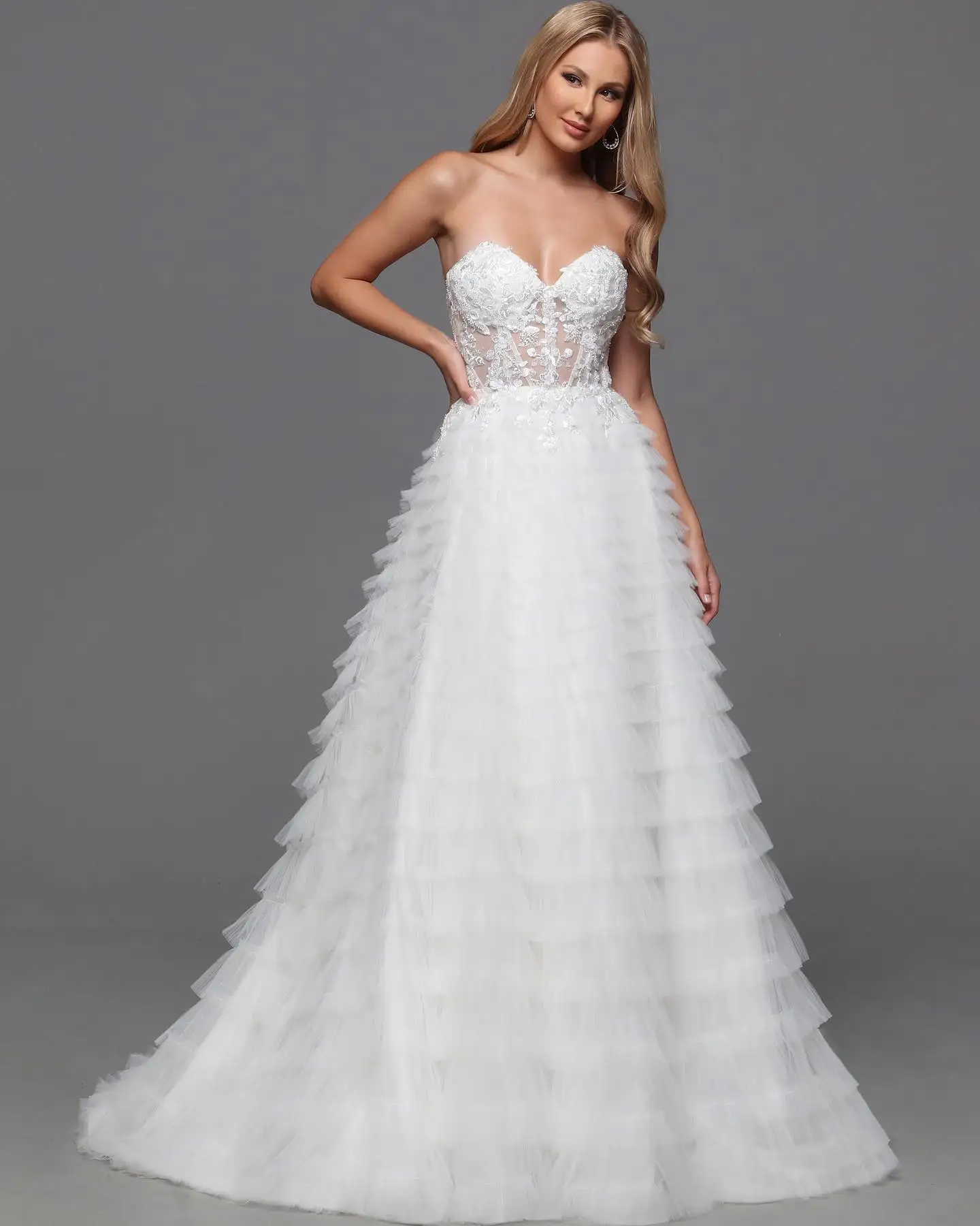 Vestido de novia con corsé para mujer, traje de tul escalonado de corte en A, Formal, de noche, con apliques, 2024