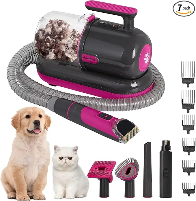 Dog Grooming Vacuum Kit, 1.5L Large Capacity Dog Vacuum Pet Hair Removal tool with Paw Trimmer/Deshedding Brush/Dog clippers/Nai