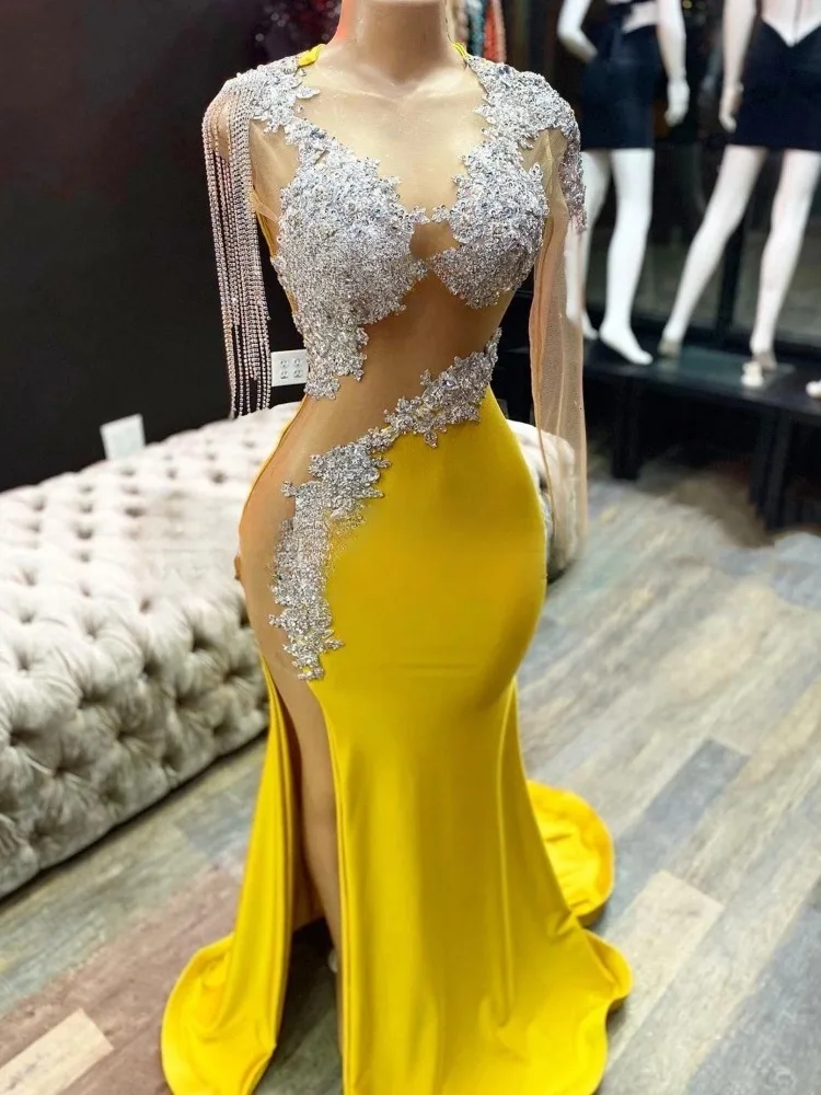 

Sexy Mermaid Prom Dress With Sleeve Sheer O-neck Tassel Appliques Plus Size African Evening Gowns High Side Split Party Dress