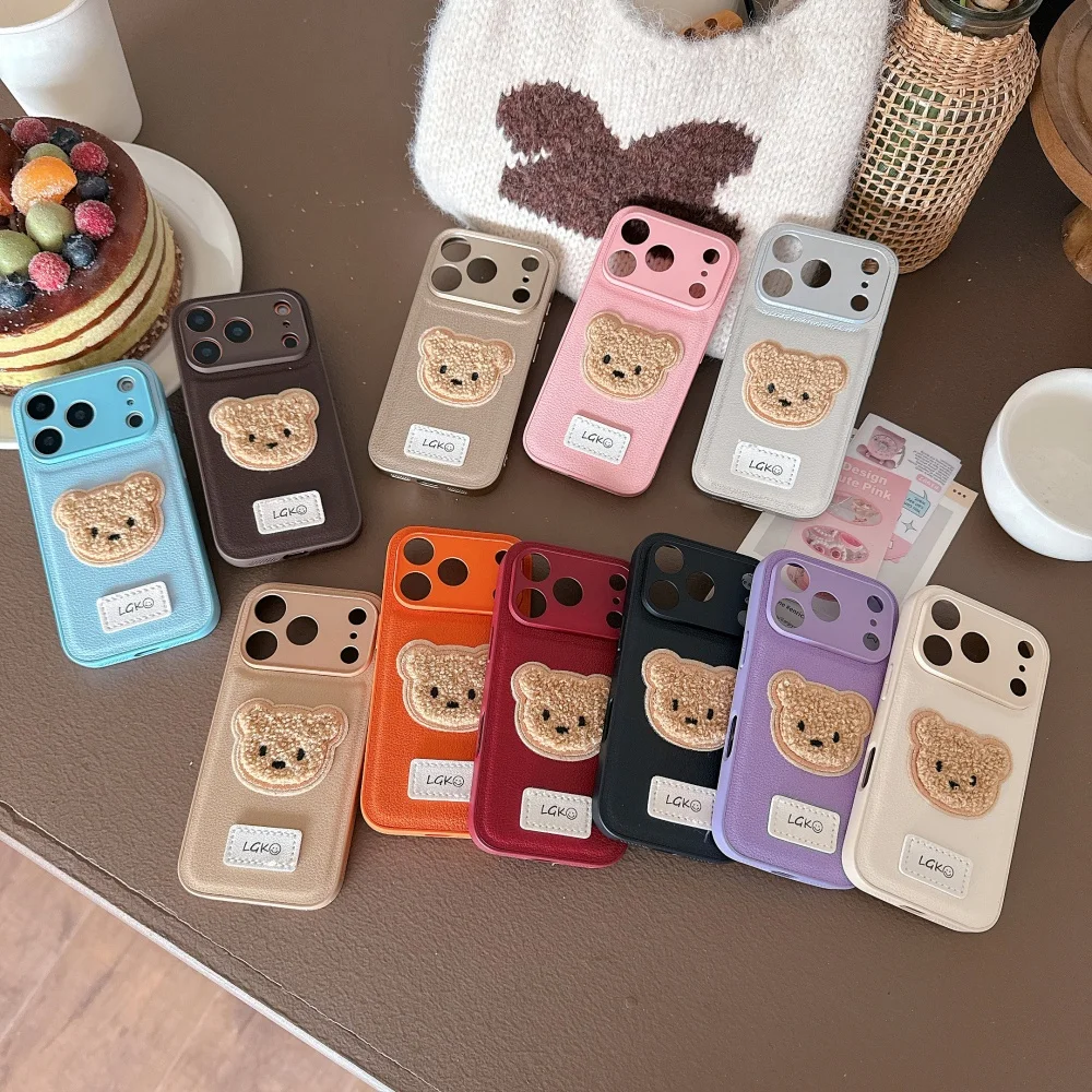 

Vegan leather plush bear phone case, suitable for iPhone 15/14/16/17 Pro Max, Fundans 17 Pro new shockproof protective case