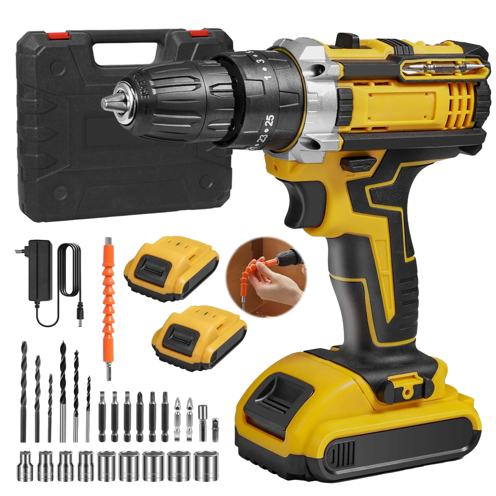21V Kabelloser Elektrischer Schlagbohrer Elektrischer Schraubendreher Elektrischer Bohrhammer Mini Kabellose Handbohrmaschine Elektrowerkzeuge & 2 Akkus