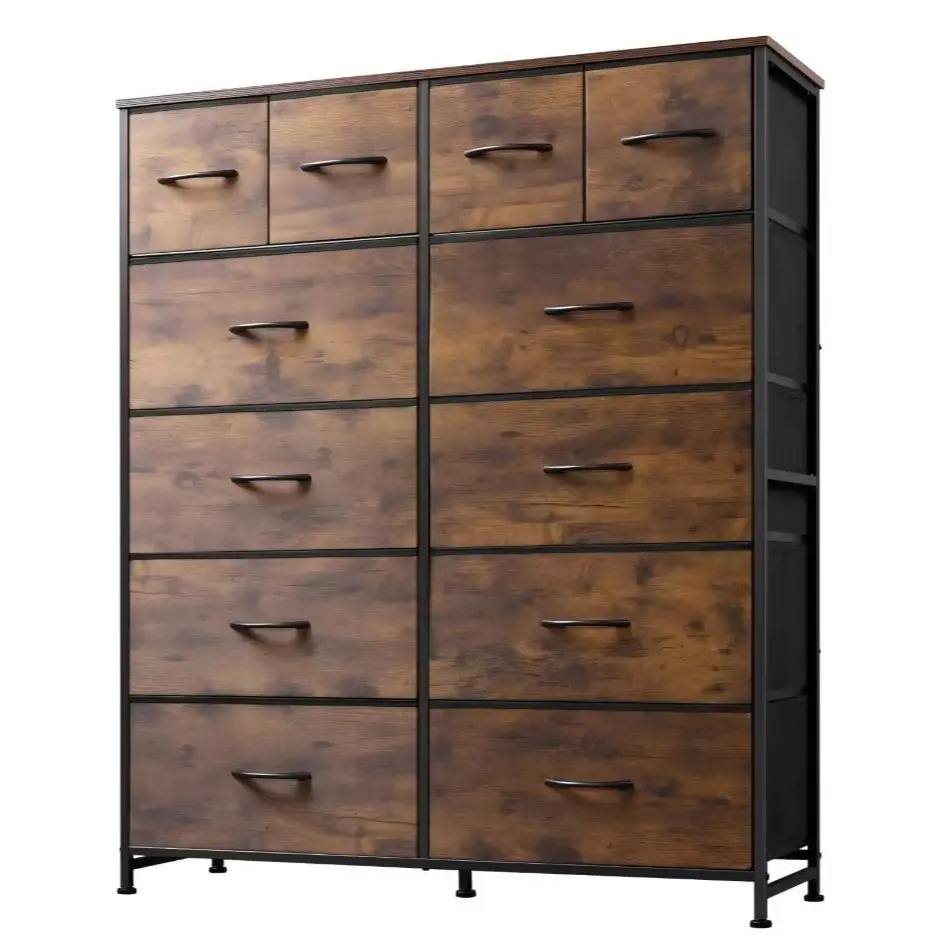 Tall Console Table, 12 Drawers, Entryway Storage, Rustic Brown