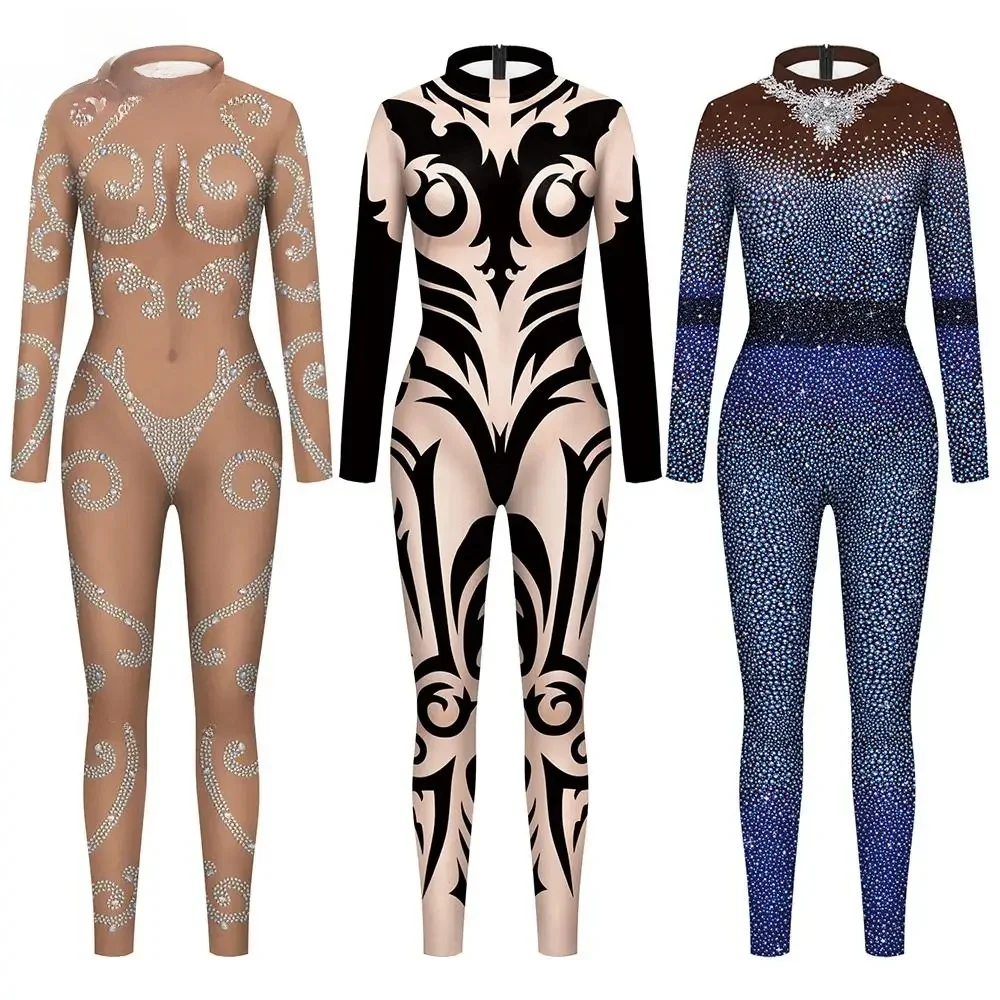 VIP FASHION Huidskleur Strass Print Jumpsuit voor Vrouwen Elegante Zentai Body Lady Festival Catsuit Cosplay Party Kostuum - afbeelding 2