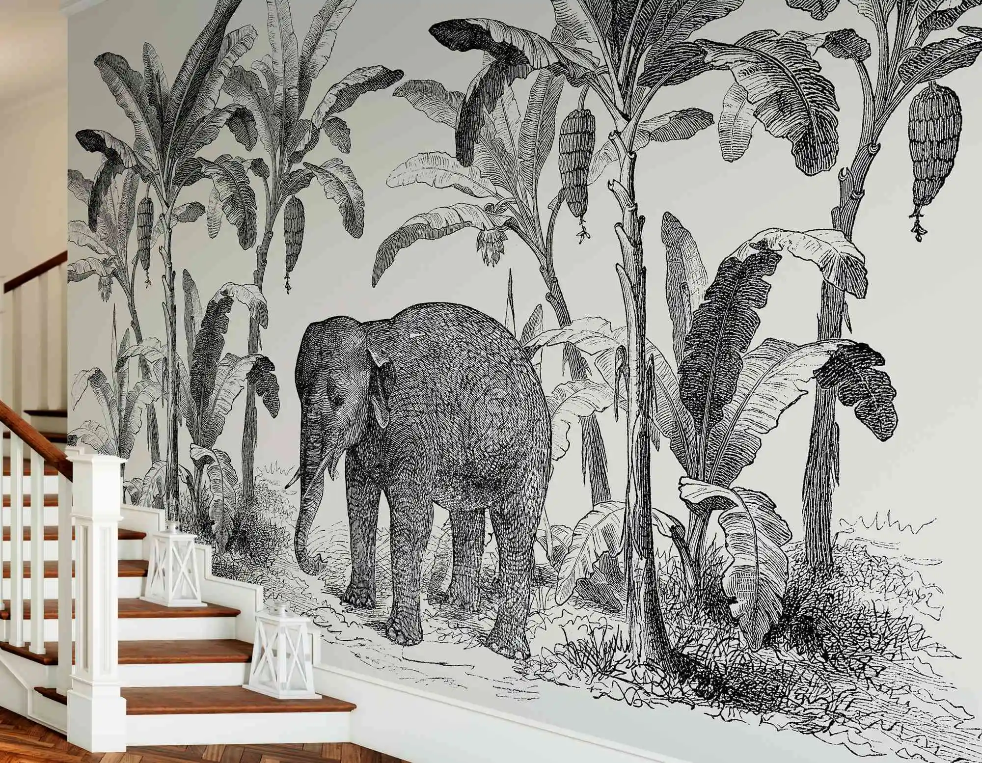 Loxodonta Vintage Explorer Mural with Elephant walking in a Tropical Banana woods Mural Wallpaper