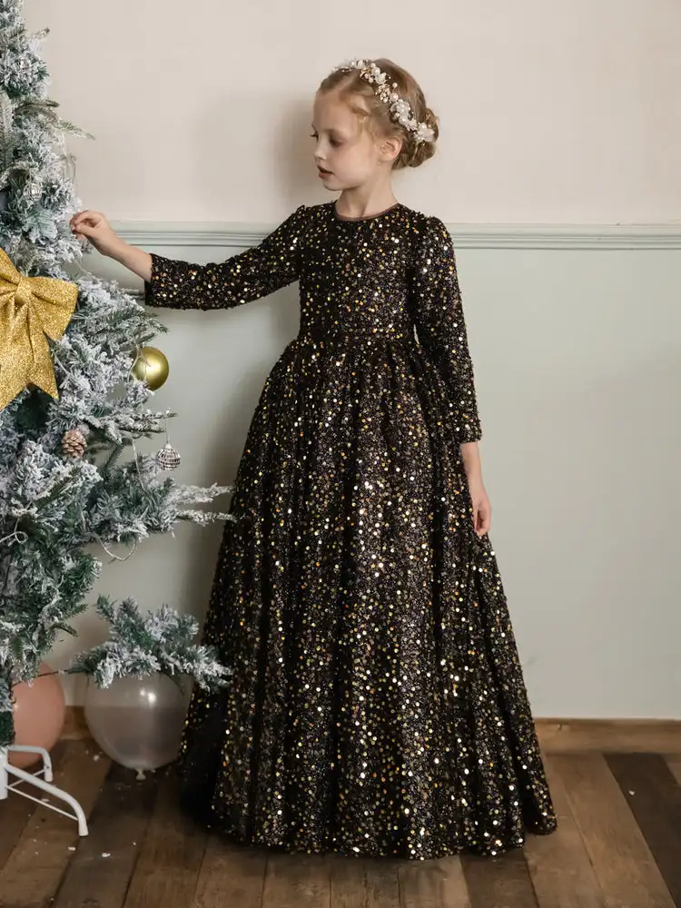 Vestido de lentejuelas de terciopelo con cuello redondo, manga larga, vestido de flores para niña, Navidad, vacaciones, fiesta, baile, vestido de noche, desfile, banquete de Graduación