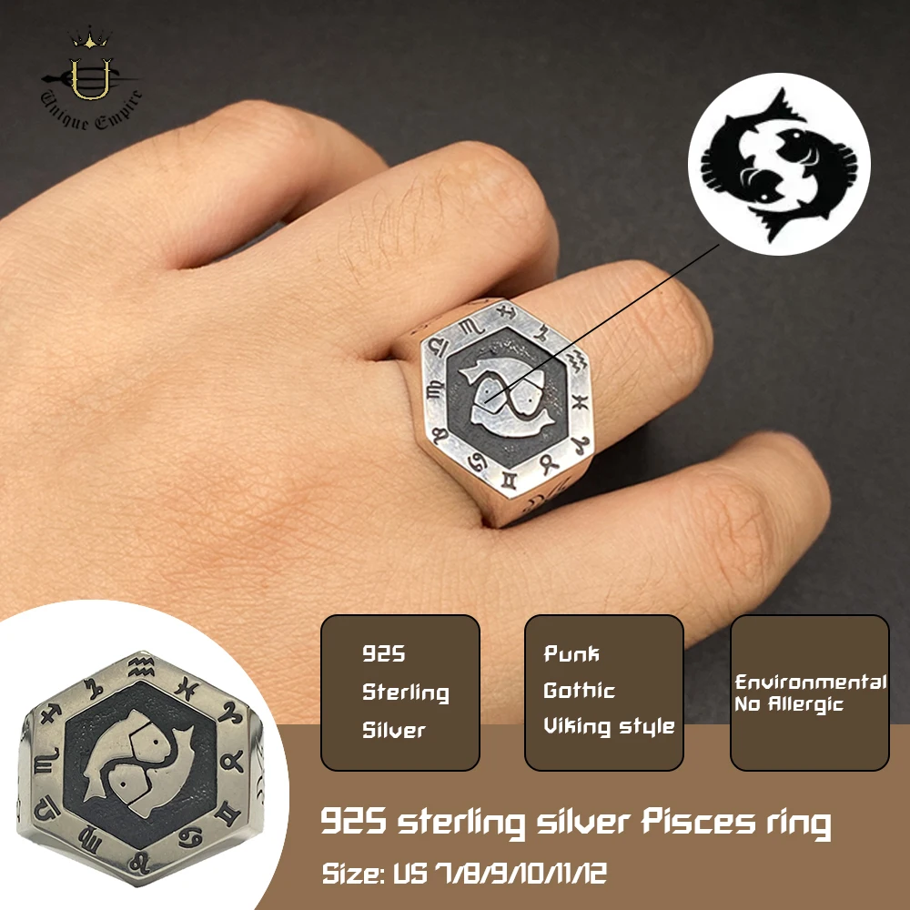 925 Sterling Silver Pisces Zodiac Ring Horoscope Signet Adjustable Band Male And Female Astrological Birthday Gift Jewelry