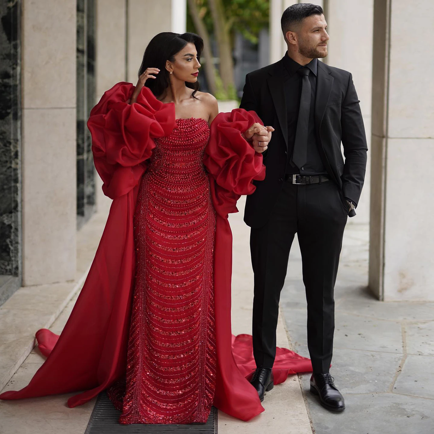 

Sharon Said Dubai Beaded 3D Flower Wine Red Luxury Evening Dress with Cape Women Wedding Engagement Party Gowns SS585 Customized