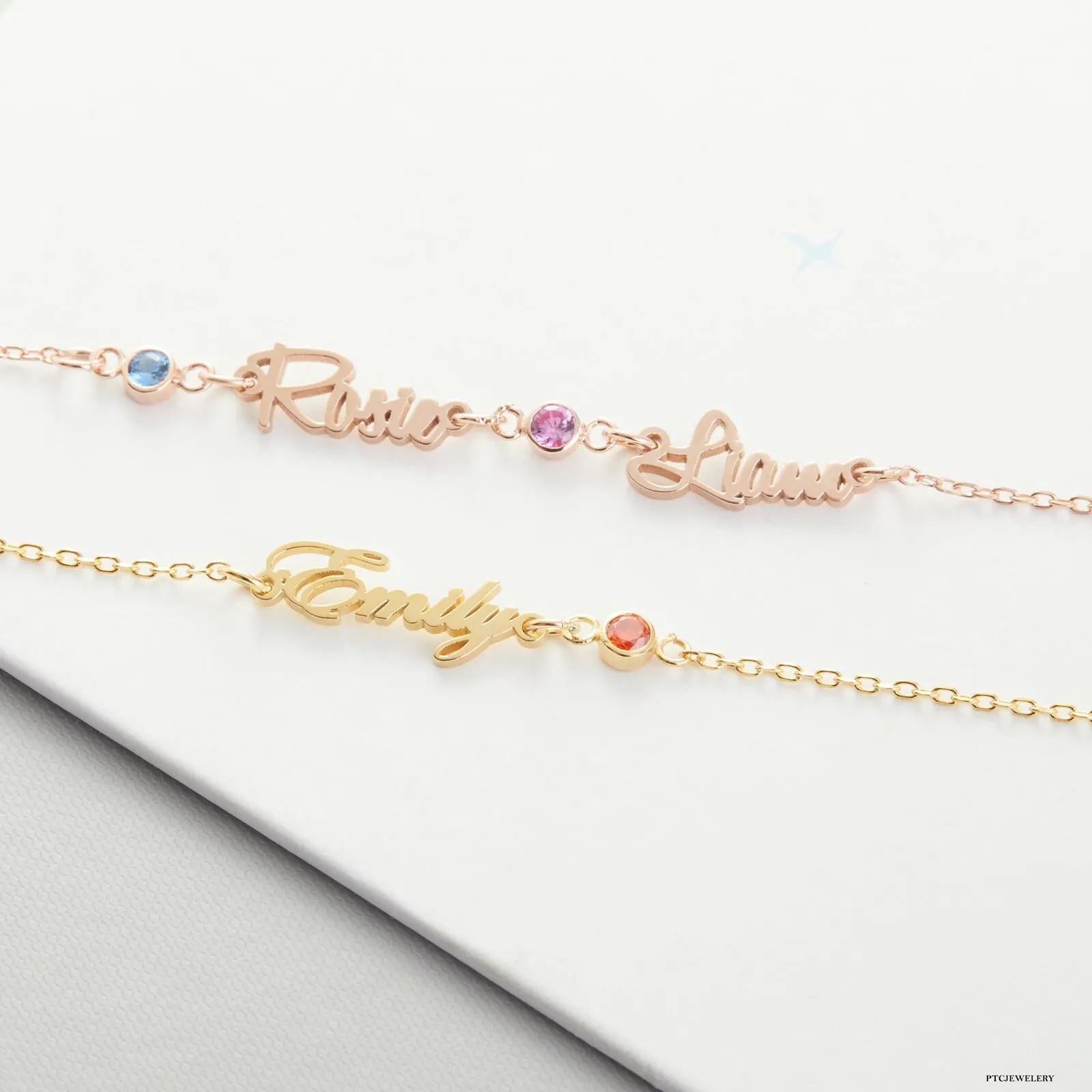 Personalized Custom Double Name Birthstone Bracelet Stainless Steel Horizontal Name Jewelry Special Friendship Gifts For Her